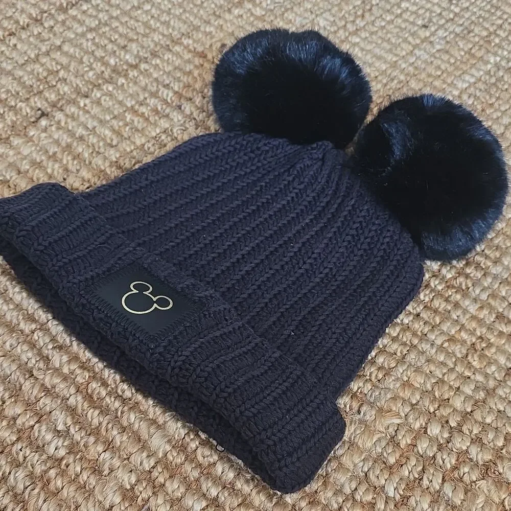 Love Your Melon Disney Mickey Mouse Black Cuffed Knit Hat with Double Pom-Poms